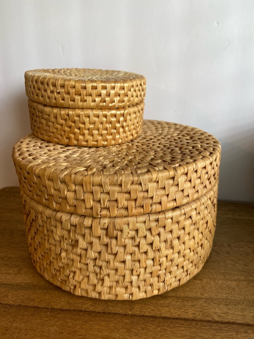 Vintage Wicker Basket Trivet Set Lidded Box Boho Decor - Picture 3 of 15